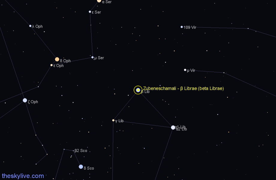 Finder chart Zubeneschamali - β Librae (beta Librae) star